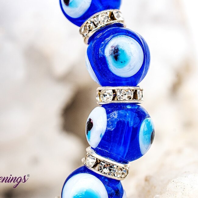 Evil Eye Bracelets - Dark Blue Elastic Stretchy Protection Silver Rhinestones