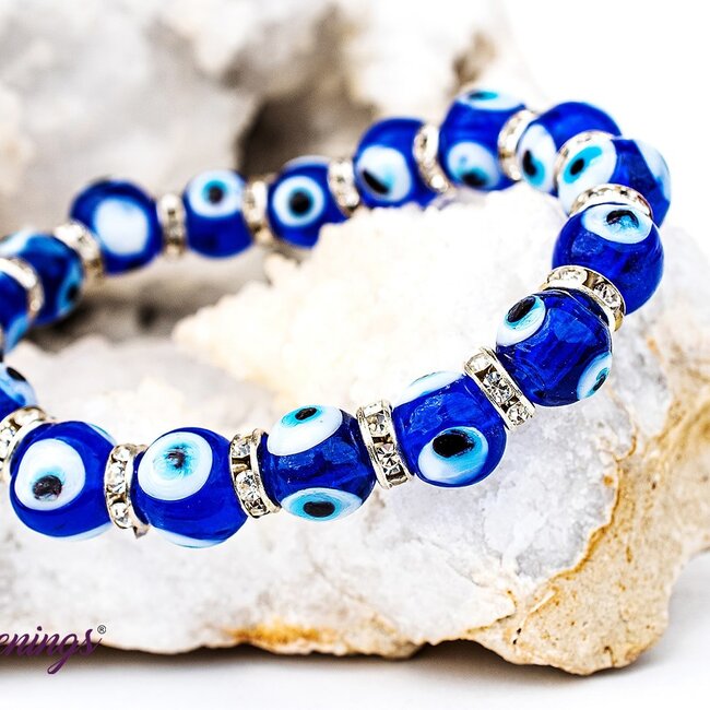 Evil Eye Bracelets - Dark Blue Elastic Stretchy Protection Silver Rhinestones