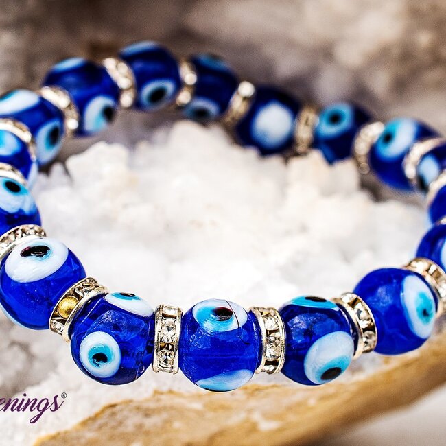 Evil Eye Bracelets - Dark Blue Elastic Stretchy Protection Silver Rhinestones