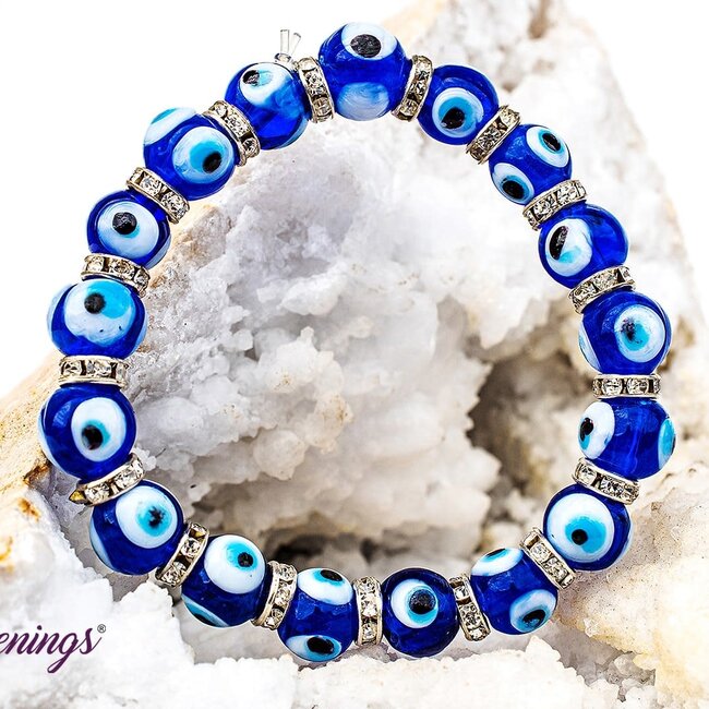 Evil Eye Bracelets - Dark Blue Elastic Stretchy Protection Silver Rhinestones