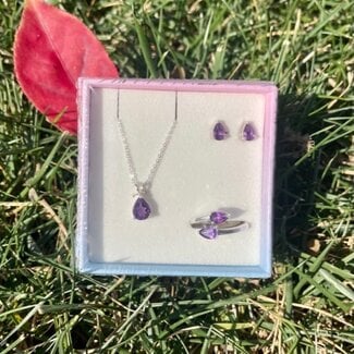Amethyst Faceted Boxed Set-Teardrop/Pear Earrings, Adjustable Ring, Necklace-Sterling Silver