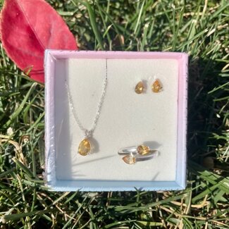Citrine Faceted Boxed Set-Teardrop/Pear Earrings, Adjustable Ring, Necklace-Sterling Silver