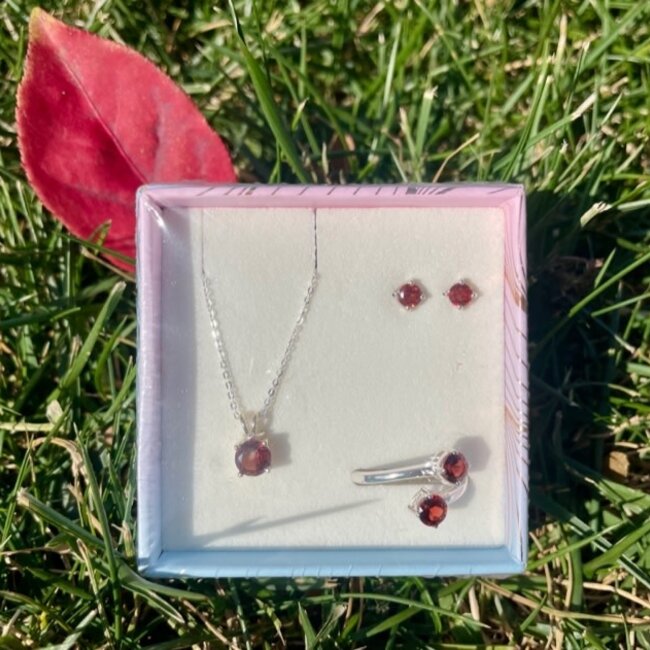 Garnet Faceted Boxed Set-Round Earrings, Adjustable Ring, Necklace-Sterling Silver