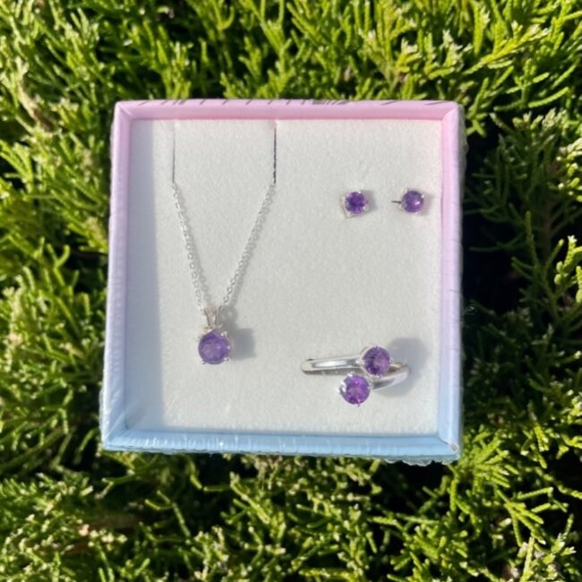 Amethyst Faceted Boxed Set-Round Earrings, Adjustable Ring, Necklace-Sterling Silver