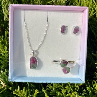Ruby Zoisite Rough Boxed Set-Earrings, Adjustable Ring, Necklace-Sterling Silver