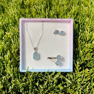 Aquamarine Rough Boxed Set-Earrings, Adjustable Ring, Necklace-Sterling Silver