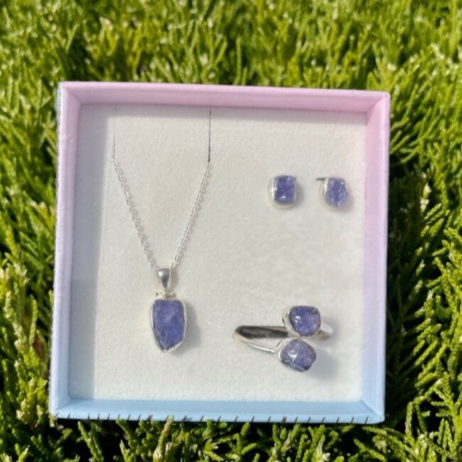 Tanzanite Rough Boxed Set-Earrings, Adjustable Ring, Necklace-Sterling Silver