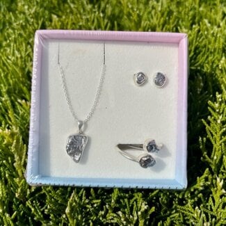 Meteorite Rough Boxed Set-Earrings, Adjustable Ring, Necklace-Sterling Silver