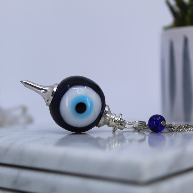 Blue Evil Eye Pendulums - Round Sephoroton Dowsing Divination Silver Chain - Gemstone Crystal