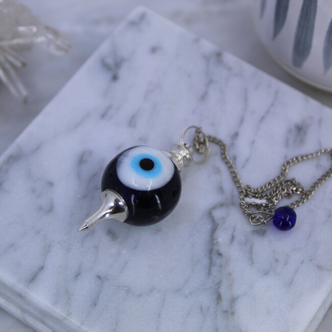 Blue Evil Eye Pendulums - Round Sephoroton Dowsing Divination Silver Chain - Gemstone Crystal