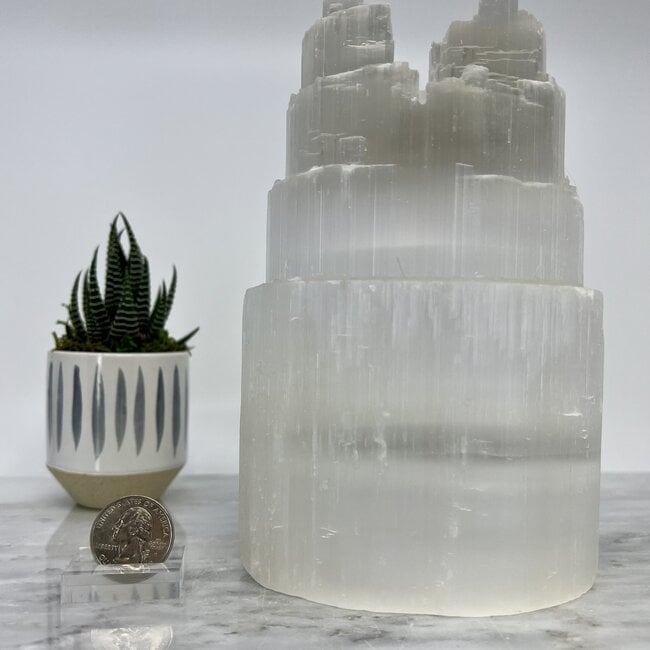 Selenite (Satin Spar Gypsum) Double Tower Lamp Light - Medium 10" (Cord & Bulb Included)