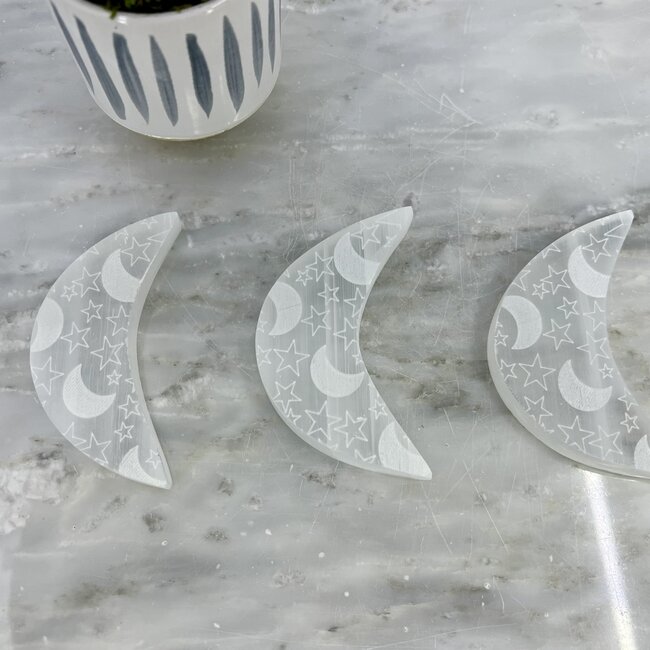 Selenite (Satin Spar Gypsum) Charging Disks Plates Station - 3" Crescent Moon Etched Moons Small