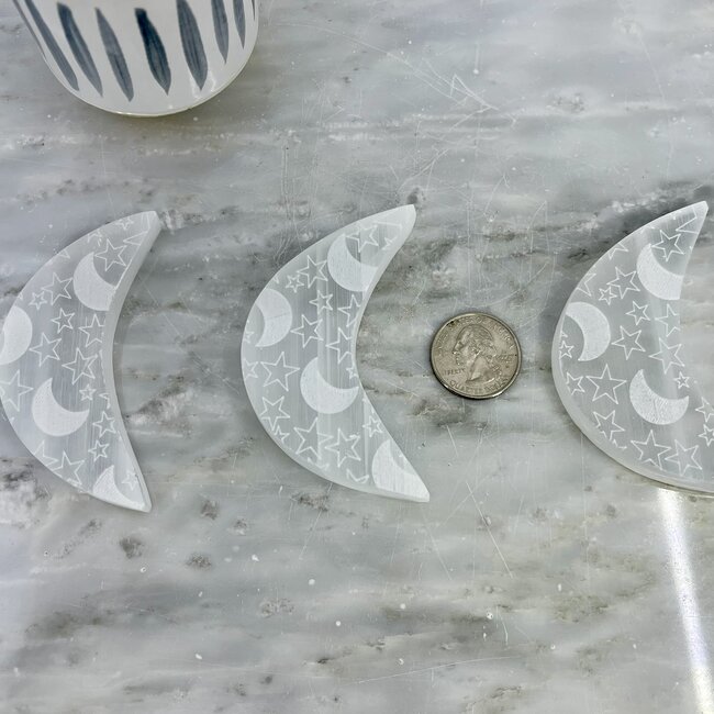 Selenite (Satin Spar Gypsum) Charging Disks Plates Station - 3" Crescent Moon Etched Moons Small