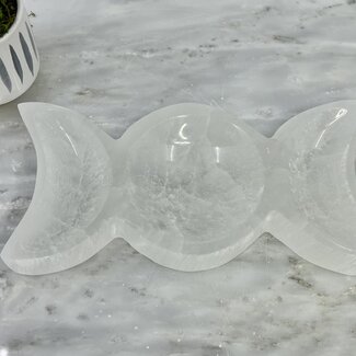 Selenite (Satin Spar Gypsum) Charging Bowl Dish - 8" Triple Moon Large