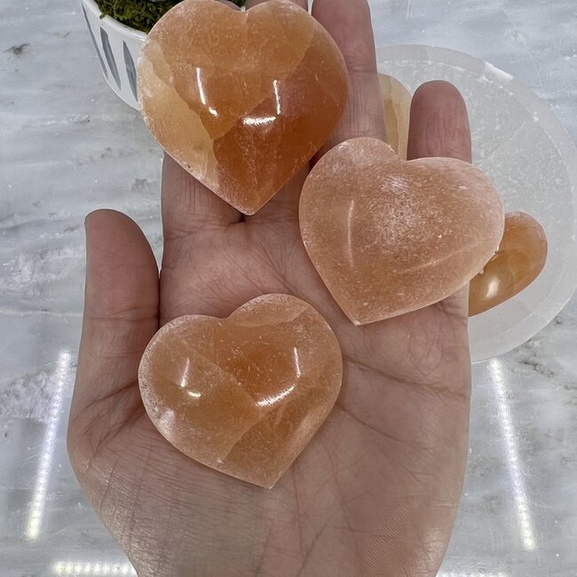 Orange Peach Selenite Selenite (Satin Spar Gypsum) Charging Hearts - 2" Medium