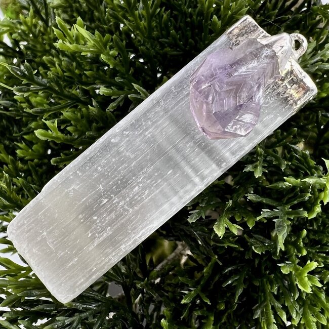 Selenite (Satin Spar Gypsum) Blade with Amethyst Point - Pendant (2") Silver Plated Cap - Rough Raw Natural