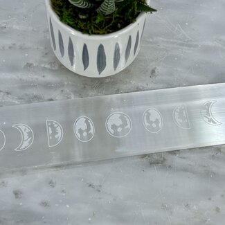 Selenite (Satin Spar Gypsum) Charging Bar Plate - 8" Moon Phases Etched Engraved Flat