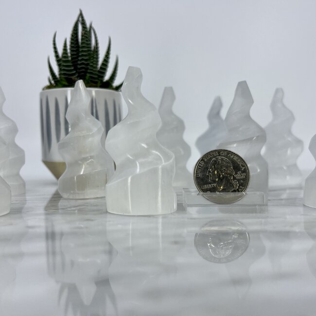 Selenite (Satin Spar Gypsum) Charging Spiral Twist Flames - 2.5" Small Tower