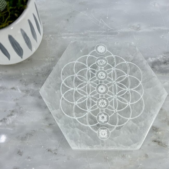Selenite (Satin Spar Gypsum) Charging Disks Plates - Hexagon Chakra & Flower of Life Etched Geometric