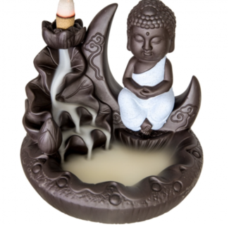 Backflow Reverse Flow Incense Cone Burner Holder-(Blue Buddha on Crescent Moon) Ceramic Clay