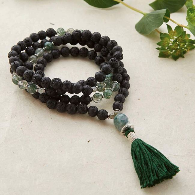 Grounding & Guidance Mala - Silver & Sage - Lava, Green Rutilated Quartz & Moss Agate