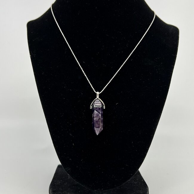 Amethyst Necklace-Point on Bead Chain 18" Silver Plated