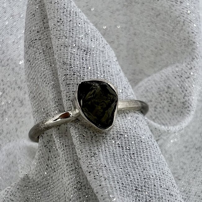 Moldavite Ring-Size 7 Simple Rough-Sterling Silver Raw Natural
