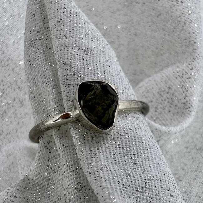 Moldavite Rings -Size 7 Simple Bezel Set - Rough Sterling Silver Raw Natural