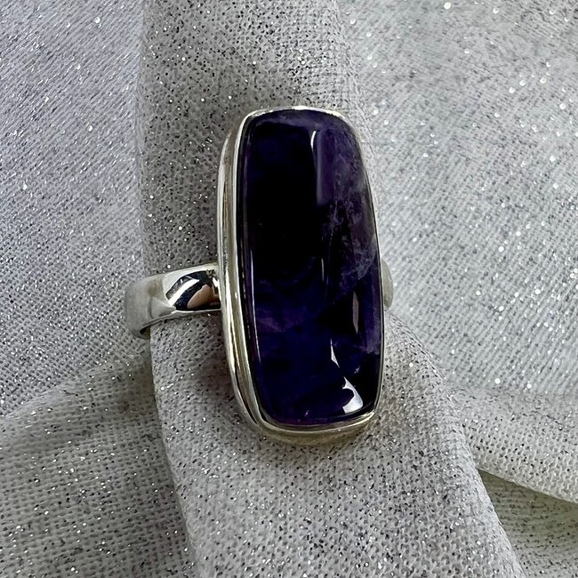 Chevron (Dream) Amethyst Rings - Size 7 Rectangle Double Bezel Set - Sterling Silver
