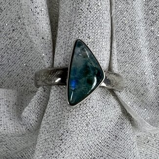 Green Rainbow Moonstone Ring-Size 7 Angled Triangle Sterling Silver