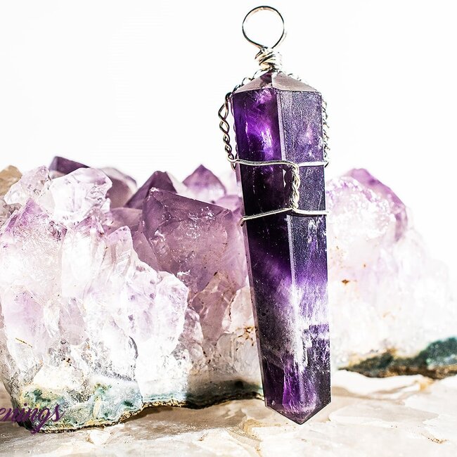 Amethyst Pendants - Wire Wrapped Faceted Points - Silver Plated