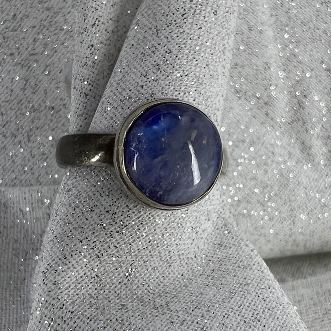 Blue Moonstone Round Ring-Size 8 Bezel Set, Sterling Silver