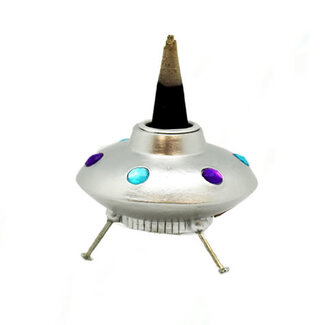 Backflow Reverse Flow Incense Cone Burner (Space Ship Spaceship UFO) - Small Metallic with Gems