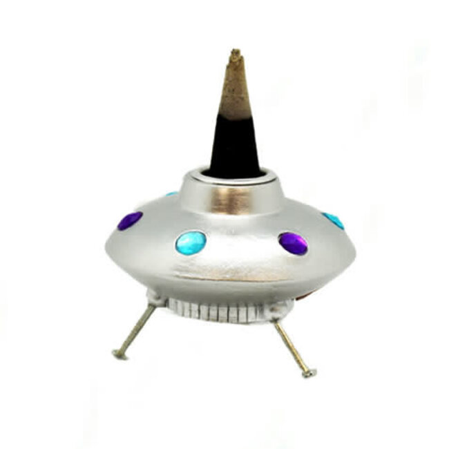 Backflow Reverse Flow Incense Cone Burner (Space Ship Spaceship UFO) - Small Metallic with Gems