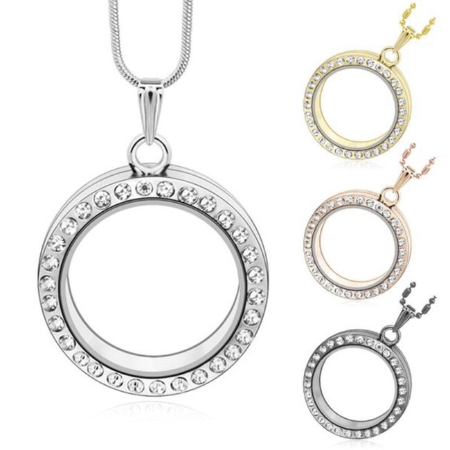 Silver Locket (18-24") Rhinestone Necklace-Adjustable Empty Magnetic Beaded Chain Pendant Charm