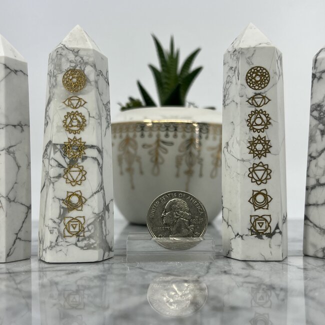 Howlite (Magnesite) Gold Chakra Engraved Towers Points Generators - Medium 3-4"