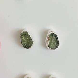 Moldavite Earrings - Rough Bezel Set - Sterling Silver