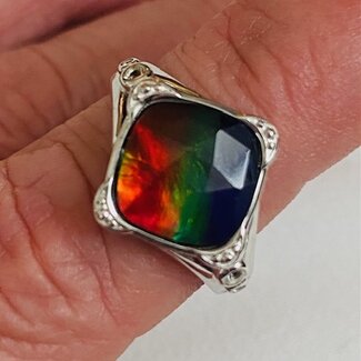 Ammolite Ring - Adjustable Faceted Square Decorative Sterling Silver