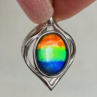 Ammolite Pendant - Curved Oval - Sterling Silver 11x9