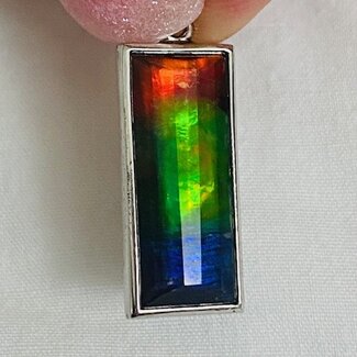 Ammolite Bar Pendant - Faceted Rectangle (Emerald Cut) - Sterling Silver 20x8