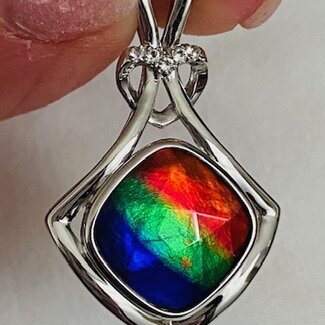 Ammolite Pendant - 12mm Faceted Square Heart - Sterling Silver