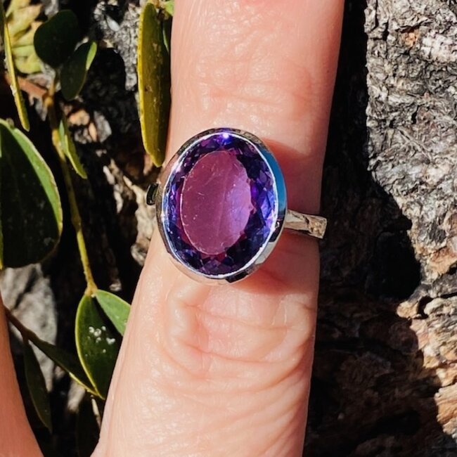 Amethyst Ring-Size 5.5 Faceted Oval-Sterling Silver