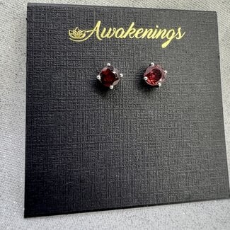 Red Garnet Earrings - 5mm Round Faceted Studs - Claw Prong Set Sterling Silver