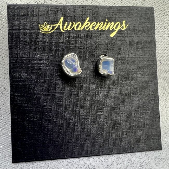 Ethiopian Opal Earrings - Rough Bezel Stud Set - Sterling Silver Natural Raw