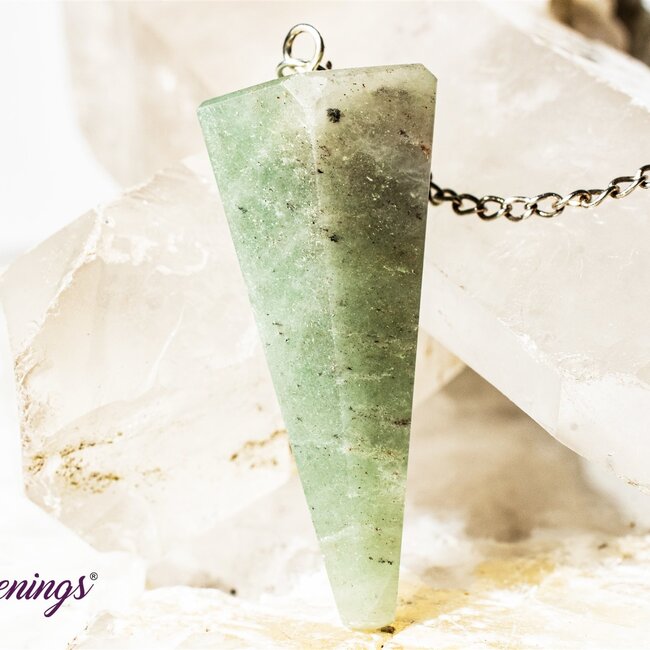 Green Aventurine Pendulum-Dowsing Hexagonal Faceted Cone Point Divination-Silver Chain-Crystal Gemstone