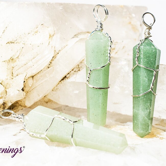 Green Aventurine Pendants - Wire Wrapped Faceted Points - Silver Plated