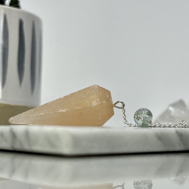 Orange Peach Selenite (Satin Spar Gypsum) Pendulum - Dowsing Hexagonal Faceted Cone Point Divination - Silver Chain Crystal Gemstone