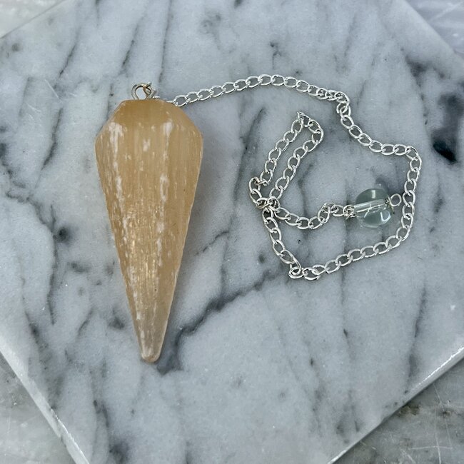 Orange Peach Selenite (Satin Spar Gypsum) Pendulum - Dowsing Hexagonal Faceted Cone Point Divination - Silver Chain Crystal Gemstone