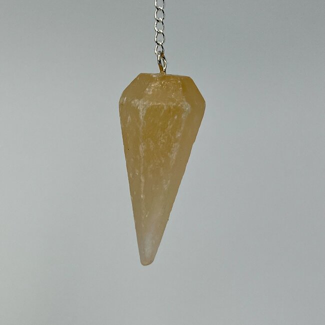Orange Selenite (Satin Spar Gypsum) Pendulum - Dowsing Hexagonal Faceted Cone Point Divination - Silver Chain Crystal Gemstone