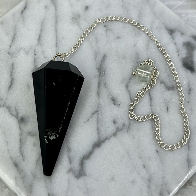 Black Tourmaline Pendulum-Dowsing Hexagonal Faceted Cone Point Divination-Silver Chain-Crystal Gemstone